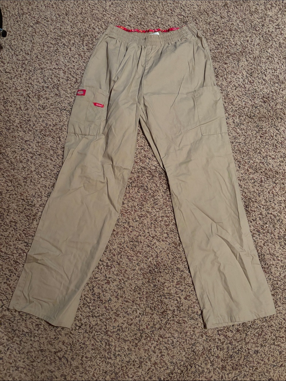 Dickies Men's Tan Cargo Pants with Red Logo Accents